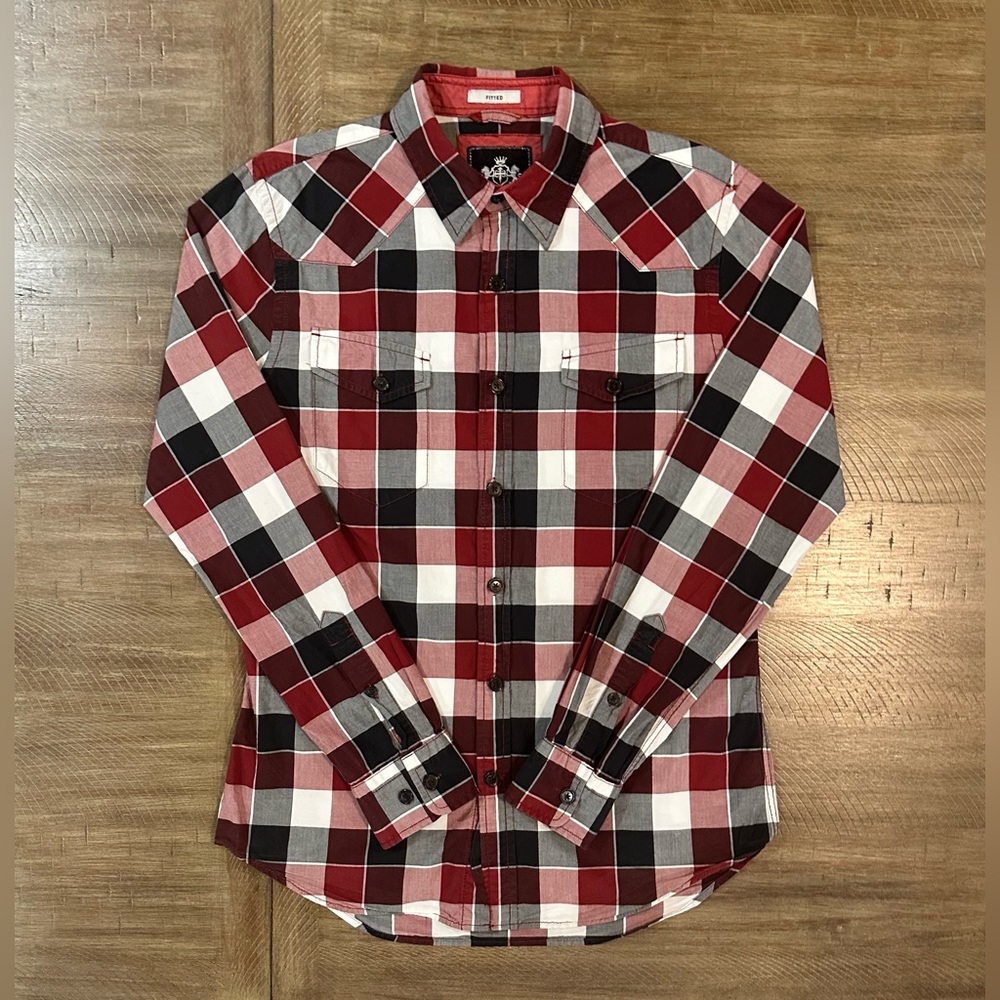 Express Men's Maroon/ White Plaid Button Up Fitted Shirt Size M Front Pockets - Picture 16 of 16